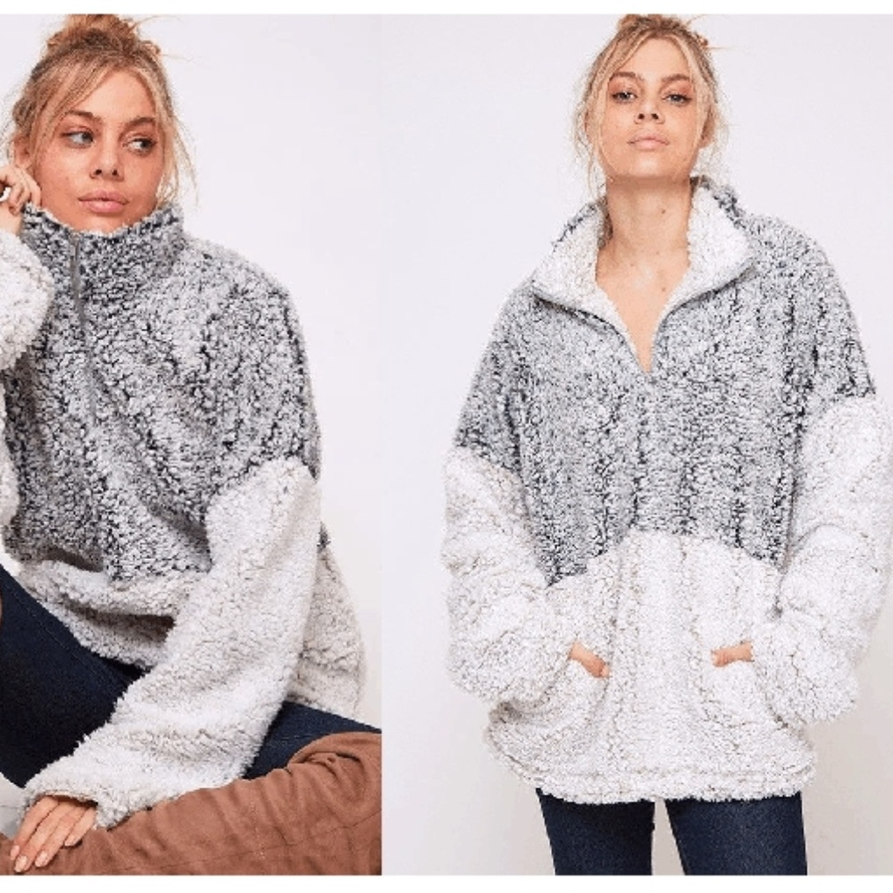 NEW 2 TONE FAUX FUR SHERPA PULL OVER TOP JACKET - Picture 2 of 6